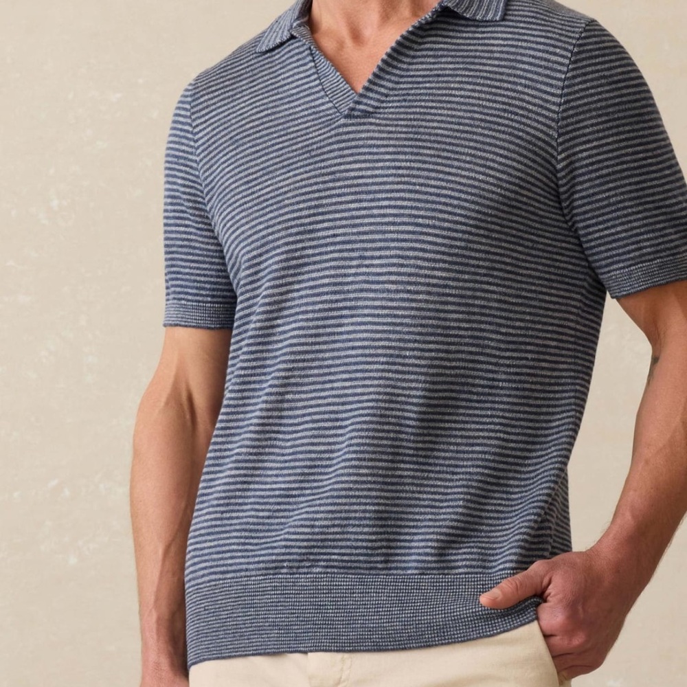 Faherty Short Sleeve Linen Sweater Polo Cayman Navy Feeder Medium NWT